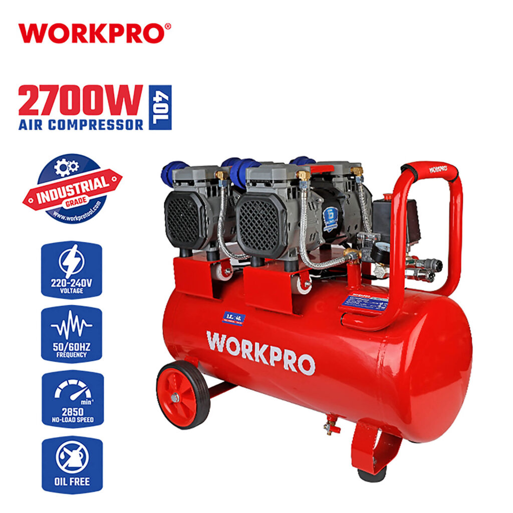 ΑΕΡΟΣΥΜΠΙΕΣΤΗΣ ΧΩΡΙΣ ΛΑΔΙ (OIL-FREE) 40L 1,8HP  2x1350W (ΧΑΜ. ΘΟΡΥΒΟΥ) WP425003 WORKPRO (PROFI)