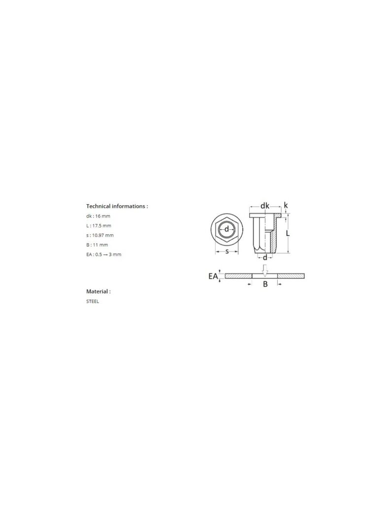 HEXAGONAL STEEL CRIMPING NUT M8-1.25 / 0,5 → 3 mm